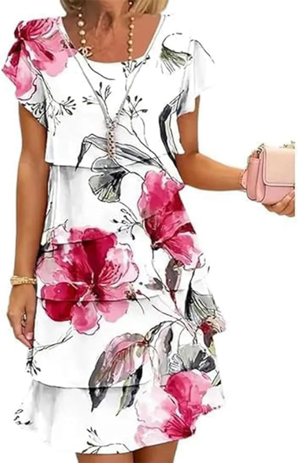 Multi-Plant Floral Print Cascade Dress, Women's Summer Casual Dresses, Women's Casual Bohemian Print Dress