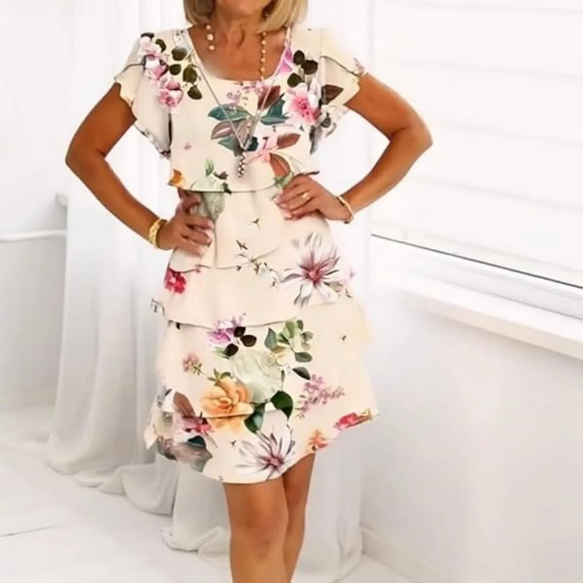 Multi-Plant Floral Print Cascade Dress, Women's Summer Casual Dresses, Women's Casual Bohemian Print Dress