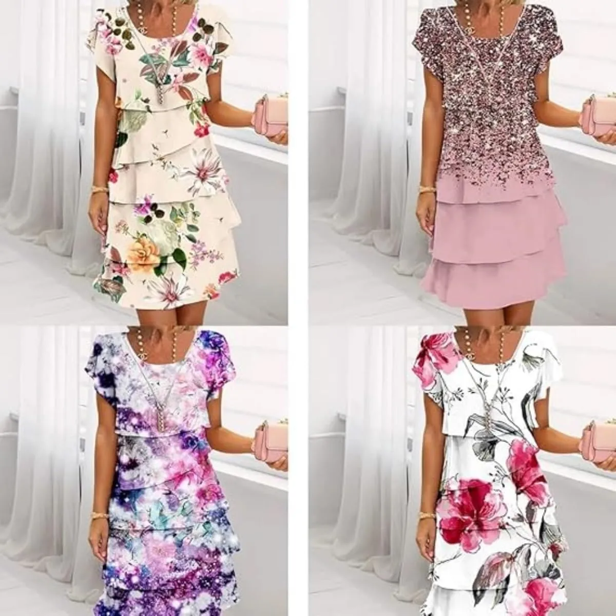 Multi-Plant Floral Print Cascade Dress, Women's Summer Casual Dresses, Women's Casual Bohemian Print Dress