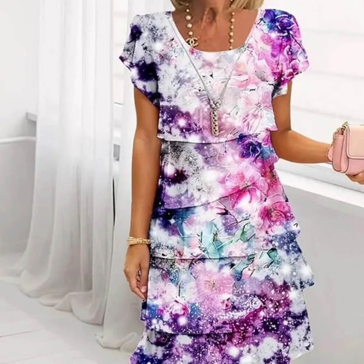 Multi-Plant Floral Print Cascade Dress, Women's Summer Casual Dresses, Women's Casual Bohemian Print Dress