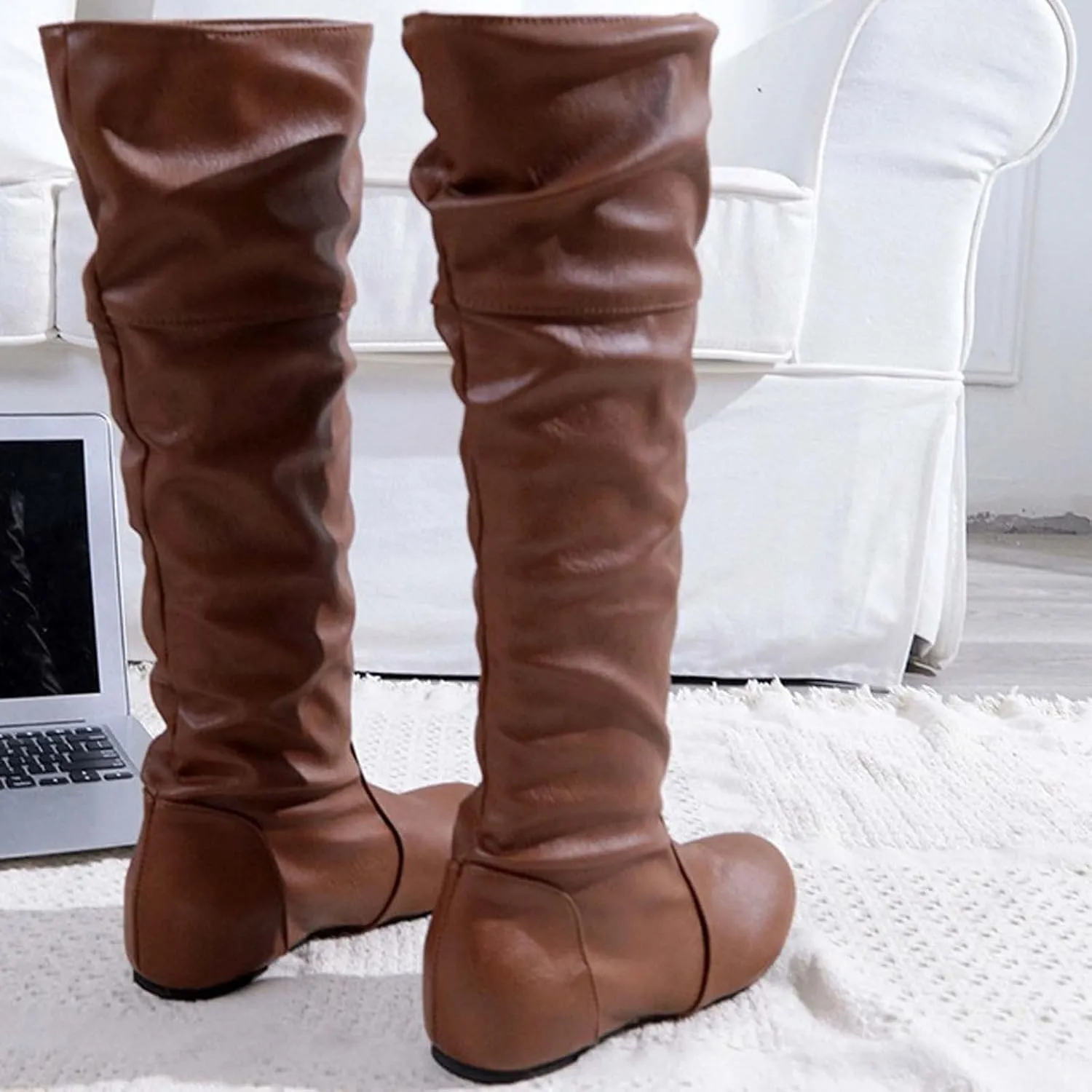 oiangi Women Knee High Flat Boots 2022 Winter Vintage Round Toe Pleated Slip on Motorcycle Boots Solid Retro Casual Comfy Outdoor Ladies Shoes