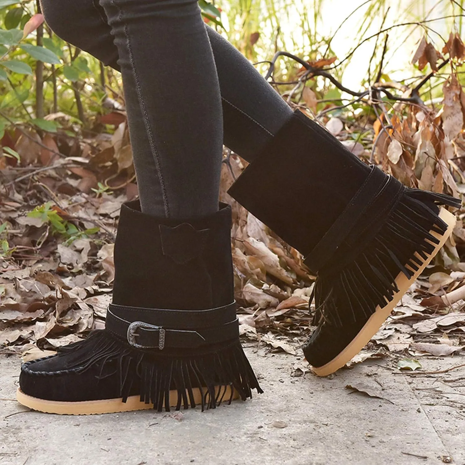 oiangi Women's Ankle Boots & Booties Fashion Tassel Round Toe Buckle Slip On Platform Short Boots Retro Comfortable Casual Fringe Flat Shoes