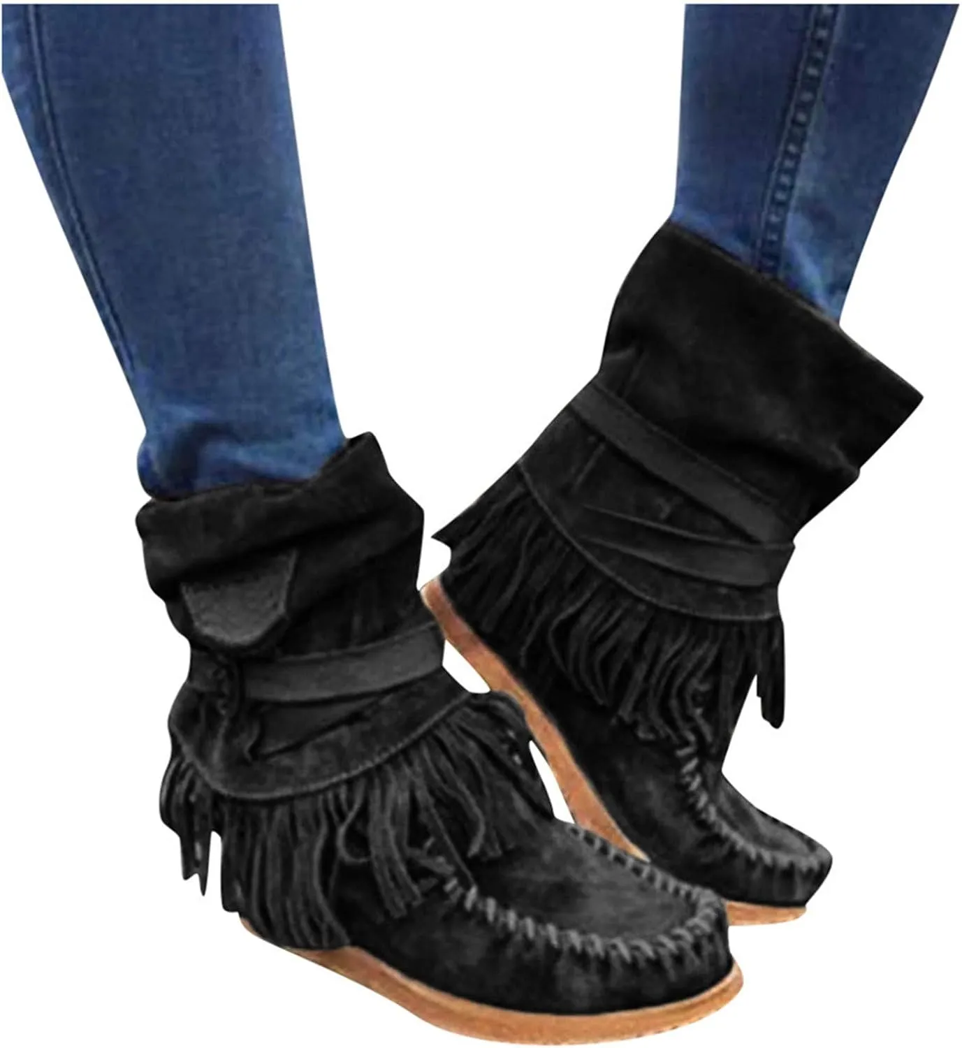 oiangi Women's Ankle Boots & Booties Fashion Tassel Round Toe Buckle Slip On Platform Short Boots Retro Comfortable Casual Fringe Flat Shoes