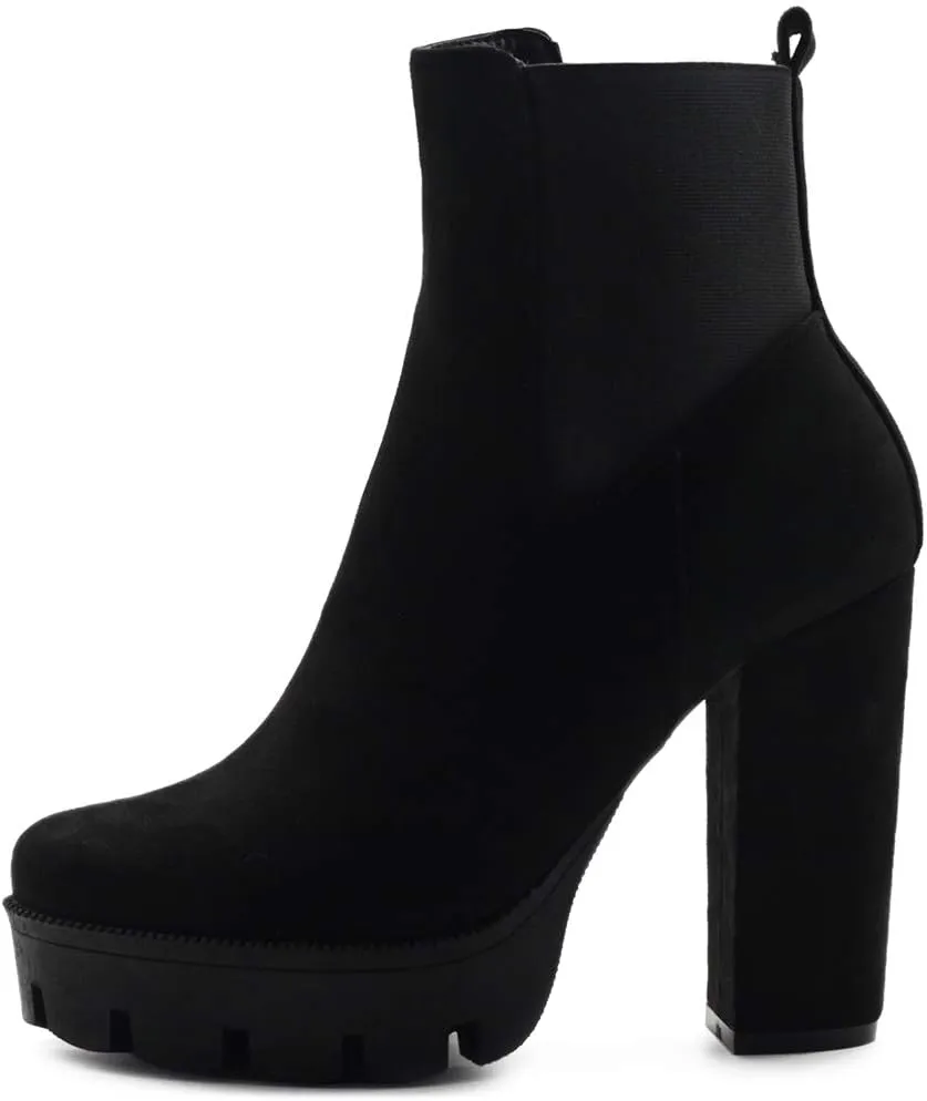 Ollio Women's Shoes Faux Suede or Faux Leather Platform Stacked High Heels Ankle Boots H107