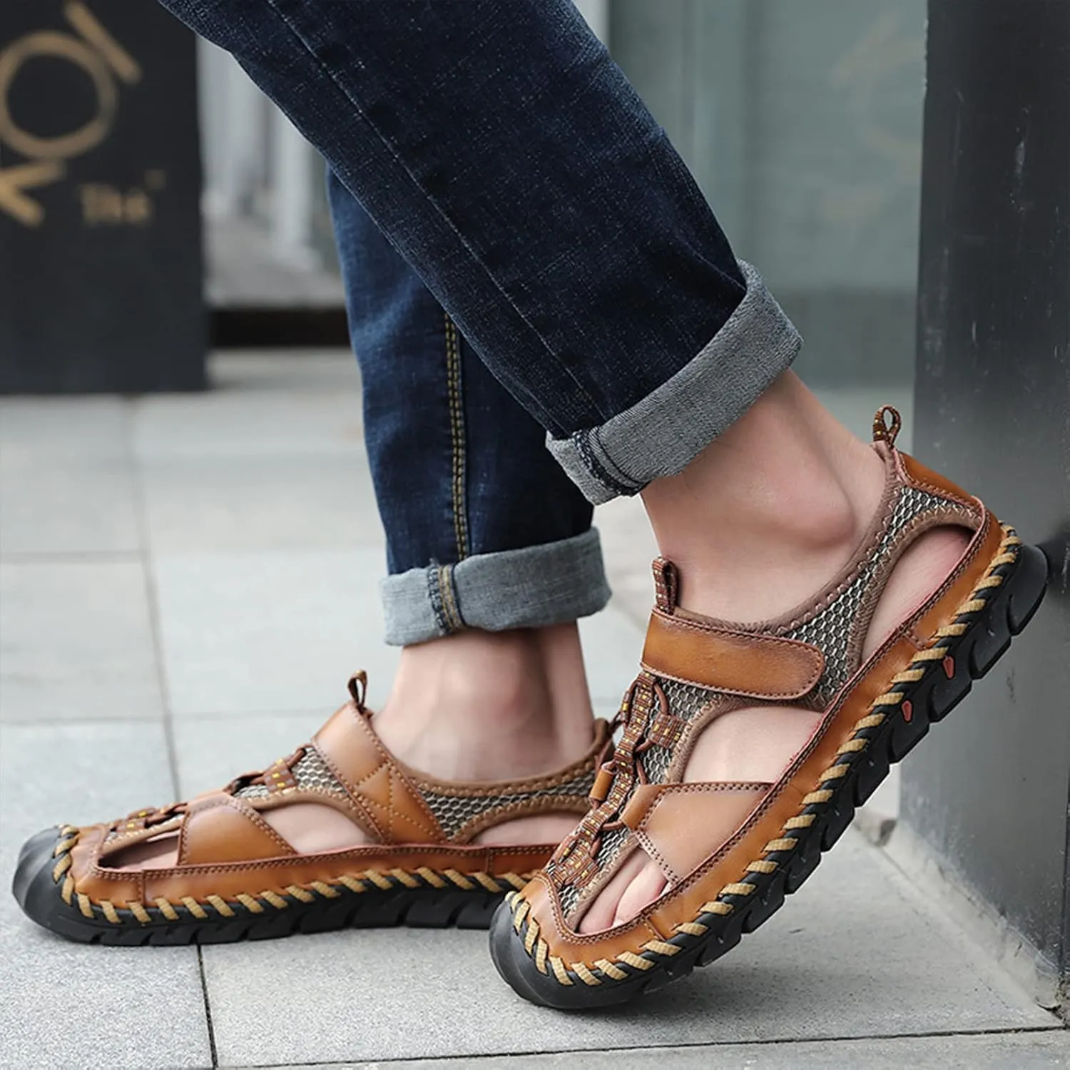 Optigard Men's Genuine Leather Hand Stitching Fisherman Sandals,Outdoor Casual Closed Toe Breathable Hiking Sandals Sport Walking Water Shoes