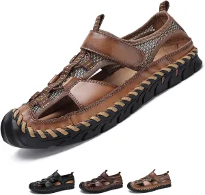 Optigard Men's Genuine Leather Hand Stitching Fisherman Sandals,Outdoor Casual Closed Toe Breathable Hiking Sandals Sport Walking Water Shoes