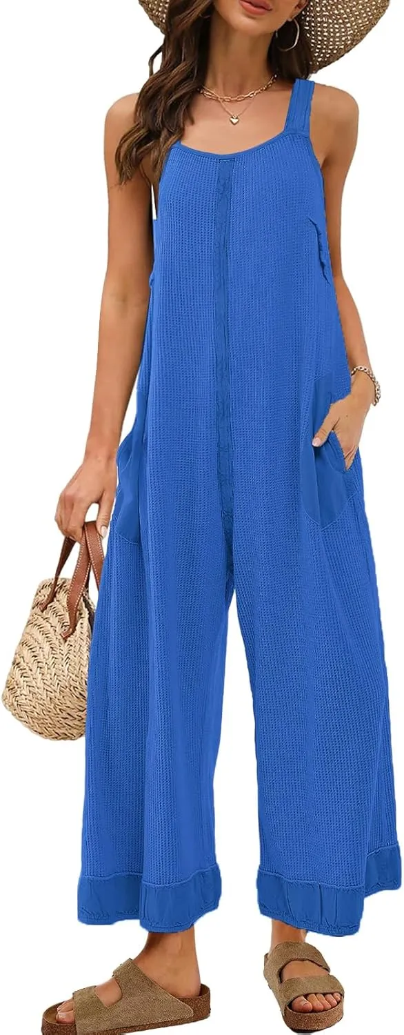 Panadila Womens Waffle Knit Jumpsuit Casual Wide Leg Jumpsuits Oversized Long Rompers Open Back Loose Overalls