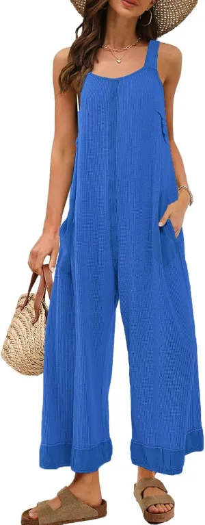 Panadila Womens Waffle Knit Jumpsuit Casual Wide Leg Jumpsuits Oversized Long Rompers Open Back Loose Overalls