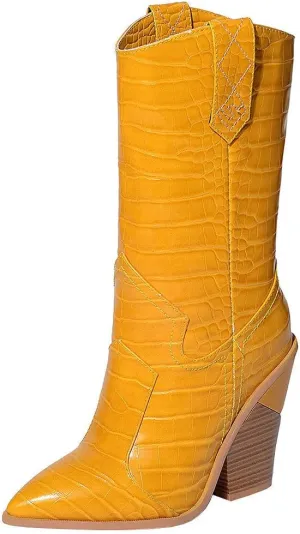 Parisuit Womens Chunky Stacked High Heel Cowgirl Mid Calf Boots Pointed Toe Western Boots Slip On Crocodile Shoes