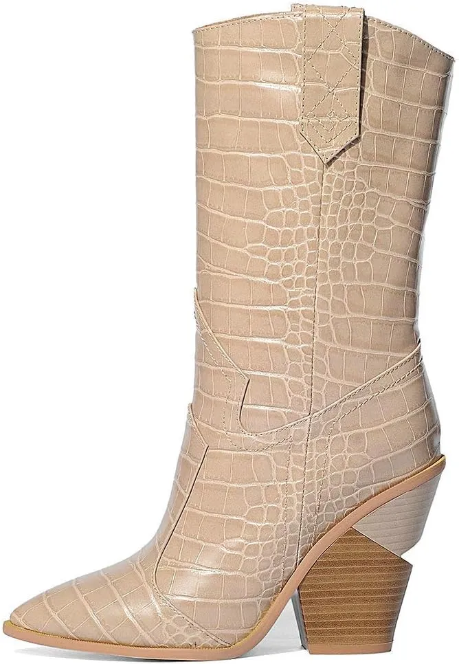 Parisuit Womens Chunky Stacked High Heel Cowgirl Mid Calf Boots Pointed Toe Western Boots Slip On Crocodile Shoes