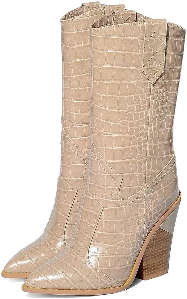 Parisuit Womens Chunky Stacked High Heel Cowgirl Mid Calf Boots Pointed Toe Western Boots Slip On Crocodile Shoes