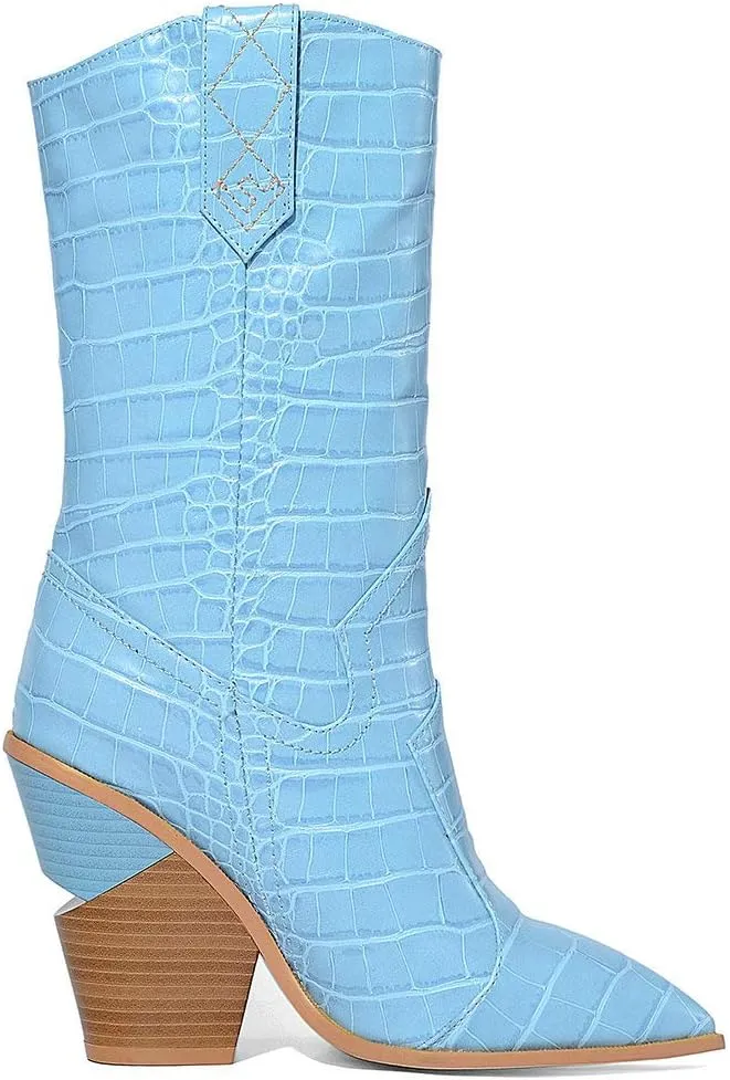 Parisuit Womens Chunky Stacked High Heel Cowgirl Mid Calf Boots Pointed Toe Western Boots Slip On Crocodile Shoes