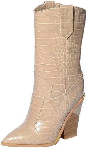 Parisuit Womens Chunky Stacked High Heel Cowgirl Mid Calf Boots Pointed Toe Western Boots Slip On Crocodile Shoes