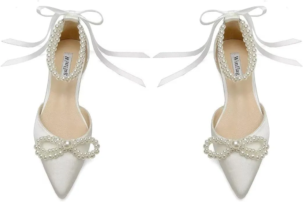 Pearl Wedding Shoes for Bride Flats Pointed Toe Flat Bridal Shoes Women Evening Dress Shoes