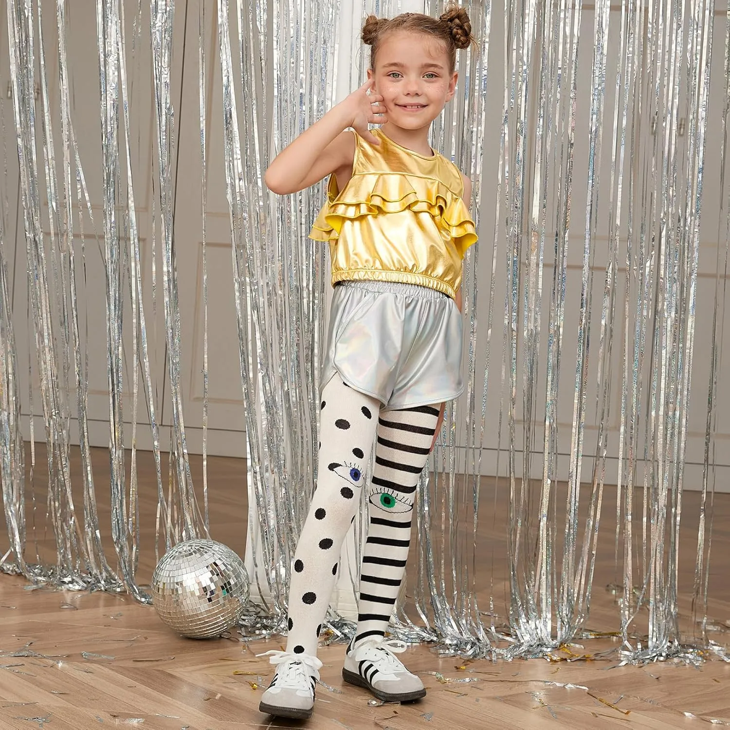 Perfashion Girls Metallic Tank Tops Shiny Ruffle Layered Crop Tops Dance Shirts with Alien Glasses 4-15 Years