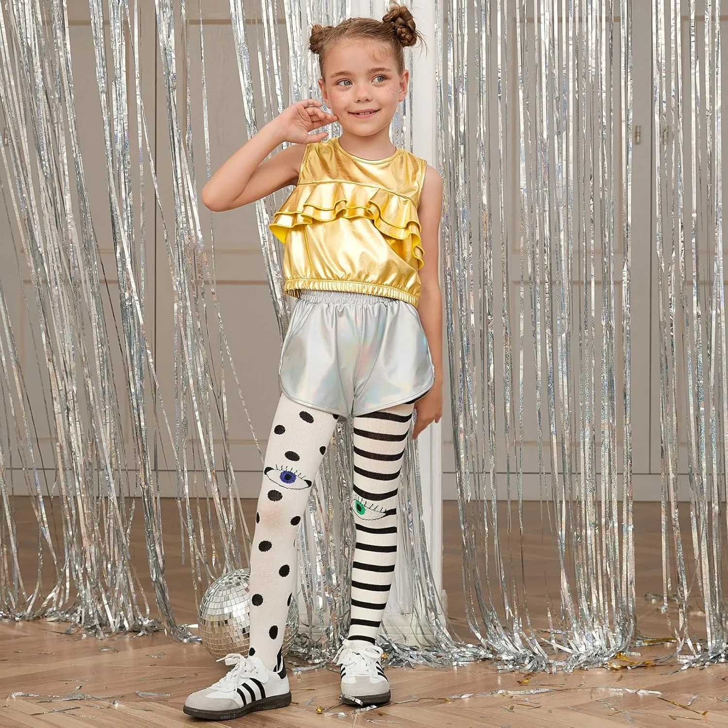 Perfashion Girls Metallic Tank Tops Shiny Ruffle Layered Crop Tops Dance Shirts with Alien Glasses 4-15 Years