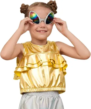 Perfashion Girls Metallic Tank Tops Shiny Ruffle Layered Crop Tops Dance Shirts with Alien Glasses 4-15 Years