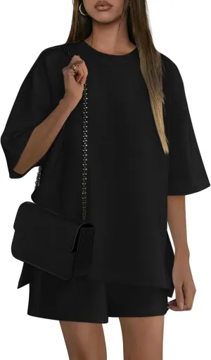 PRETTYGARDEN Women's 2 Piece Lounge Sets 2025 Summer Short Sleeve Tunic Tops Drawstring Shorts Matching Outfits Tracksuits