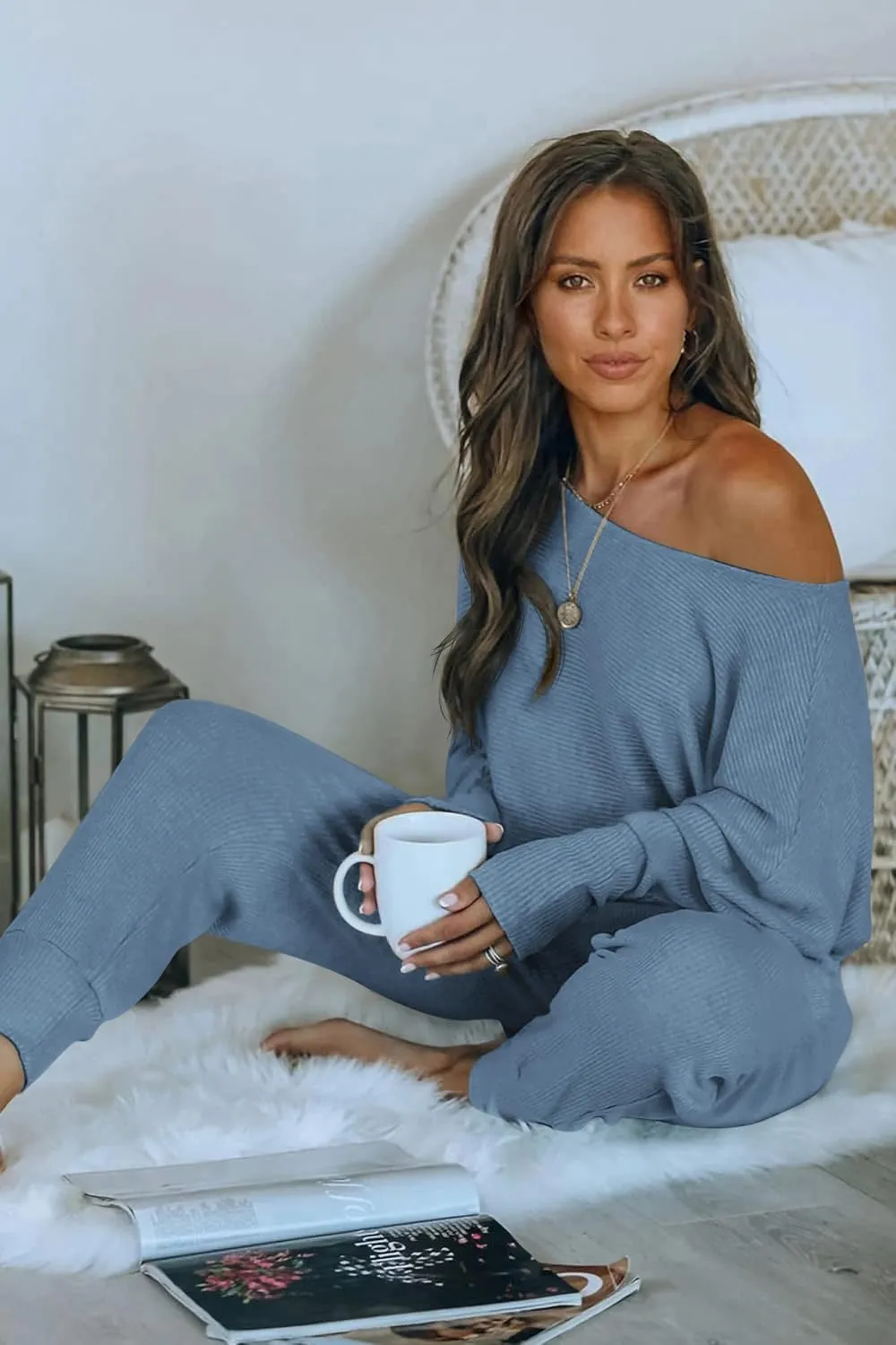 PRETTYGARDEN Women's 2 Piece Ribbed Tracksuit Outfits Off Shoulder Long Sleeve Pullover Lounge Pants with Pockets