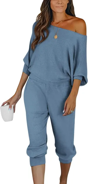 PRETTYGARDEN Women's 2 Piece Ribbed Tracksuit Outfits Off Shoulder Long Sleeve Pullover Lounge Pants with Pockets