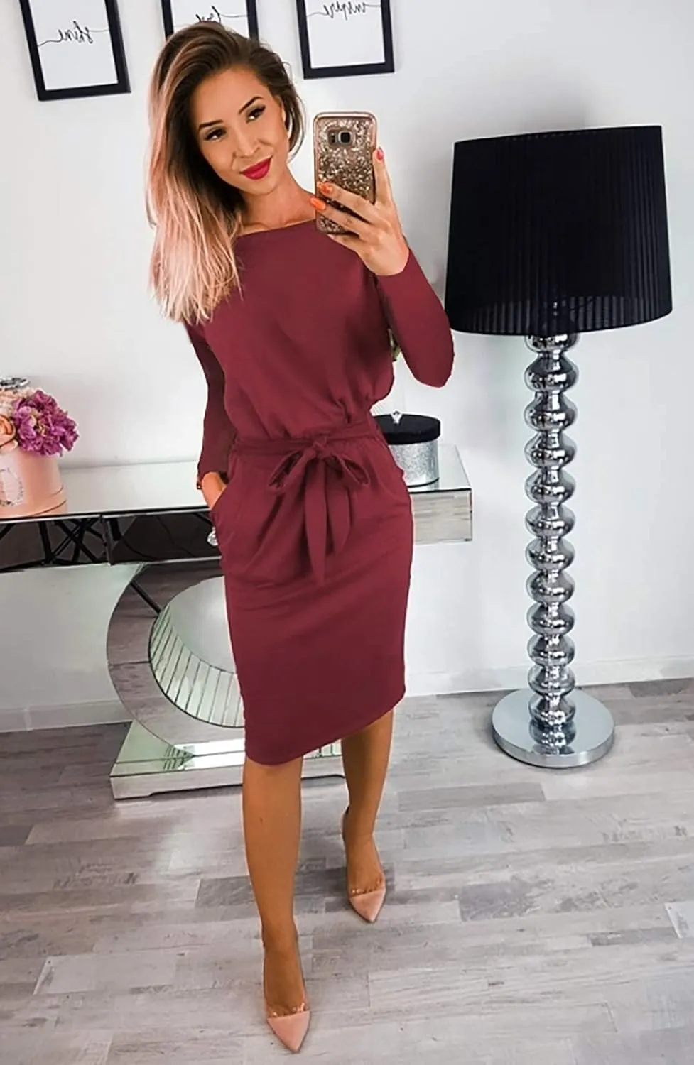PRETTYGARDEN Women's Fall Bodycon Party Dress Casual Long Sleeve Tie Waist Fitted Sheath Pencil Dresses with Pockets