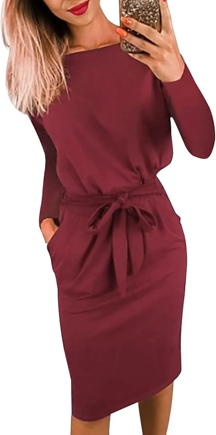 PRETTYGARDEN Women's Fall Bodycon Party Dress Casual Long Sleeve Tie Waist Fitted Sheath Pencil Dresses with Pockets