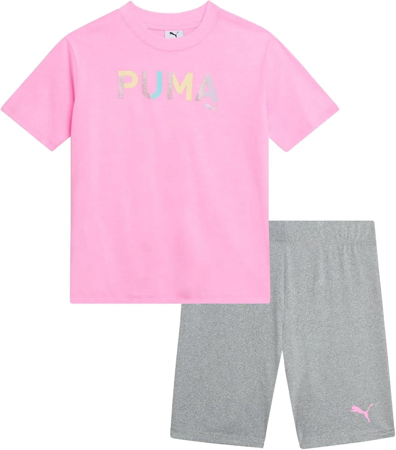 PUMA Girls' Biker Short Set - 2 Piece Short Sleeve Crewneck Graphic Tee Shirt and Bike Shorts for Girls (Sizes: 7-14)