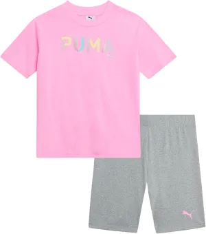 PUMA Girls' Biker Short Set - 2 Piece Short Sleeve Crewneck Graphic Tee Shirt and Bike Shorts for Girls (Sizes: 7-14)