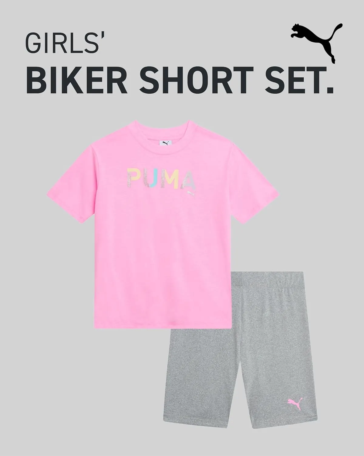 PUMA Girls' Biker Short Set - 2 Piece Short Sleeve Crewneck Graphic Tee Shirt and Bike Shorts for Girls (Sizes: 7-14)