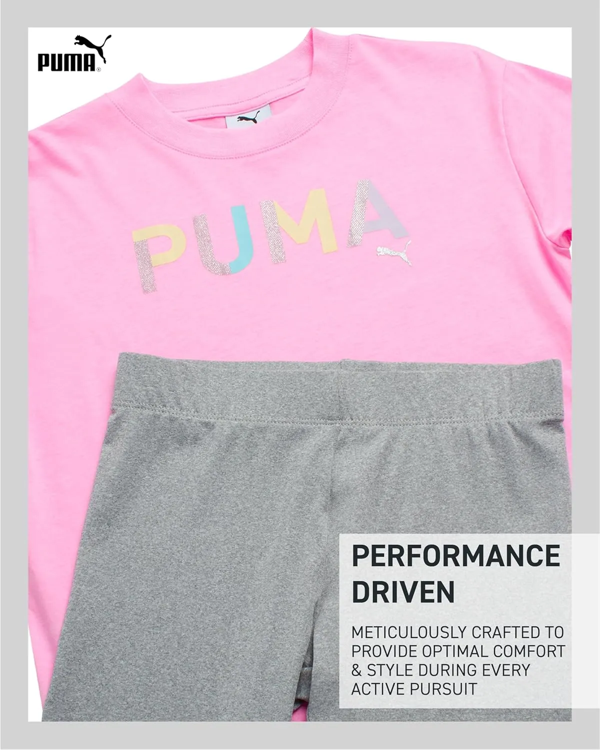PUMA Girls' Biker Short Set - 2 Piece Short Sleeve Crewneck Graphic Tee Shirt and Bike Shorts for Girls (Sizes: 7-14)
