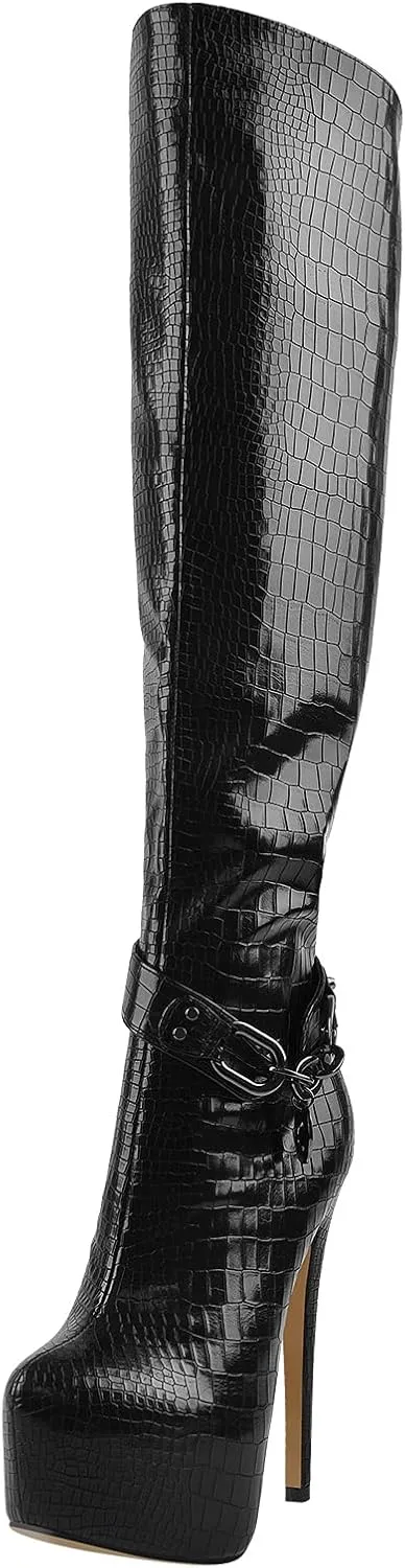 richealnini Women's Lace Up Knee High Boots with Stilettos