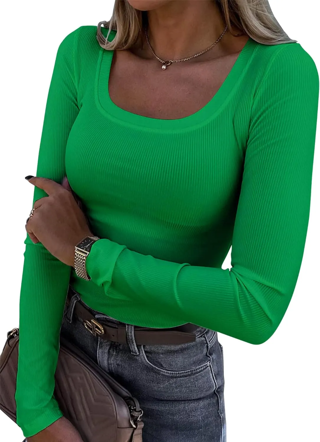 Roselux Womens Long Sleeve Scoop Neck Ribbed Knit Fitted Casual Tops Tee Slim Basic Shirts