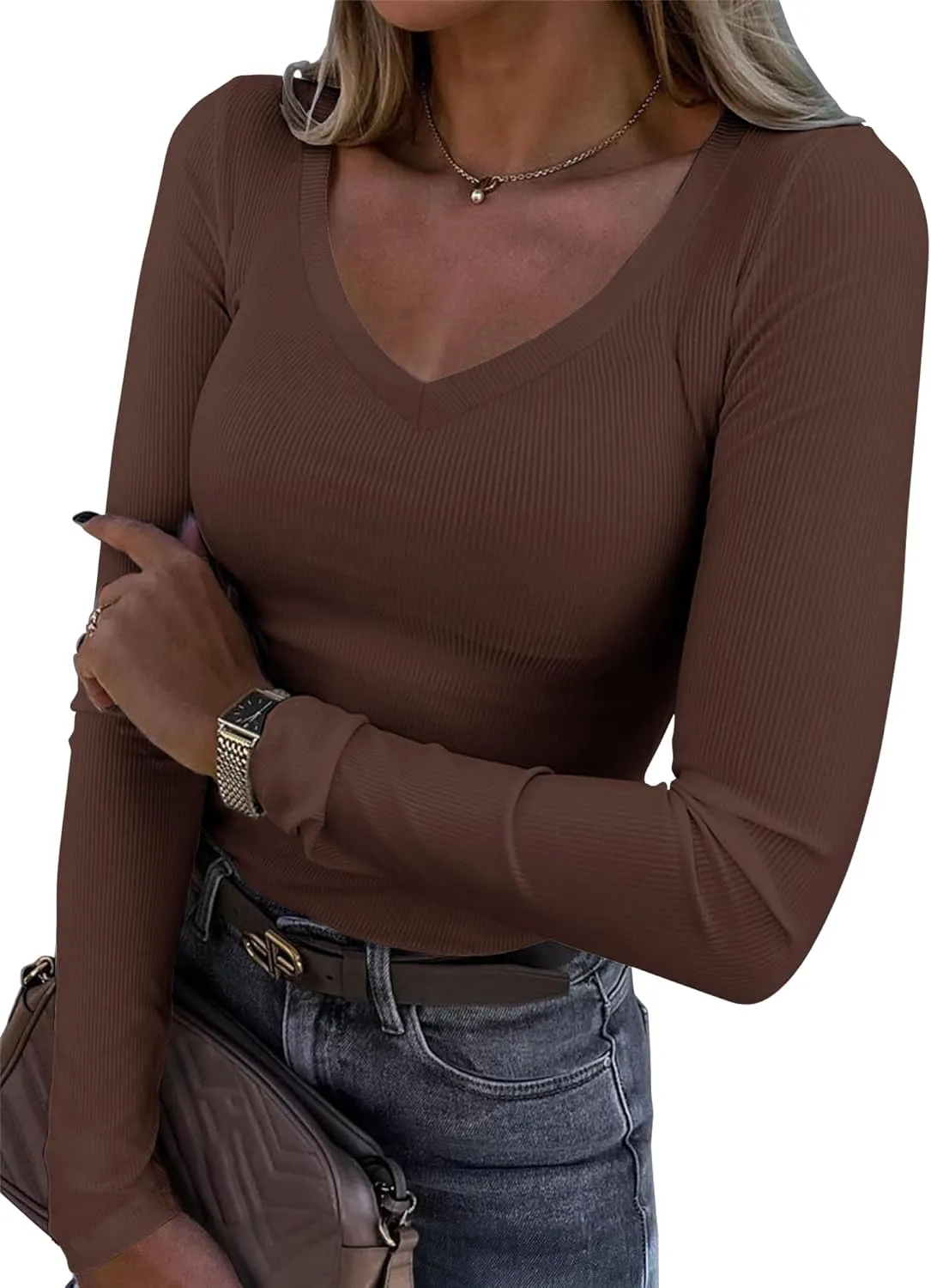 Roselux Womens Long Sleeve V Neck Ribbed Knit Fitted Casual Tops Tee Slim Basic Shirt