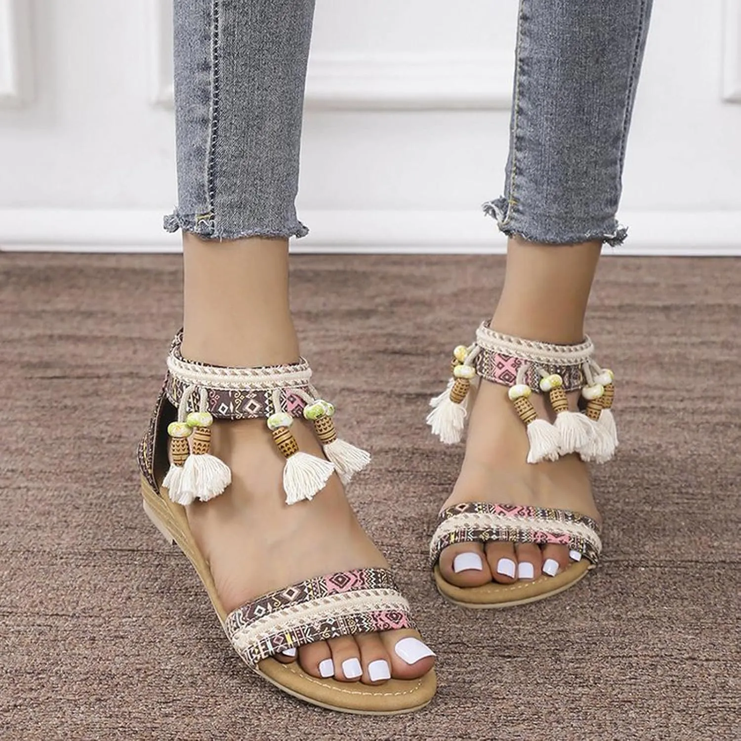 Sandals Women 2023 Summer Fashion Bohemian Beads Fringe Tassel Back Zip Dressy Shoes Ethnic Style Print Vintage Casual Outdoor Ladies Shoes