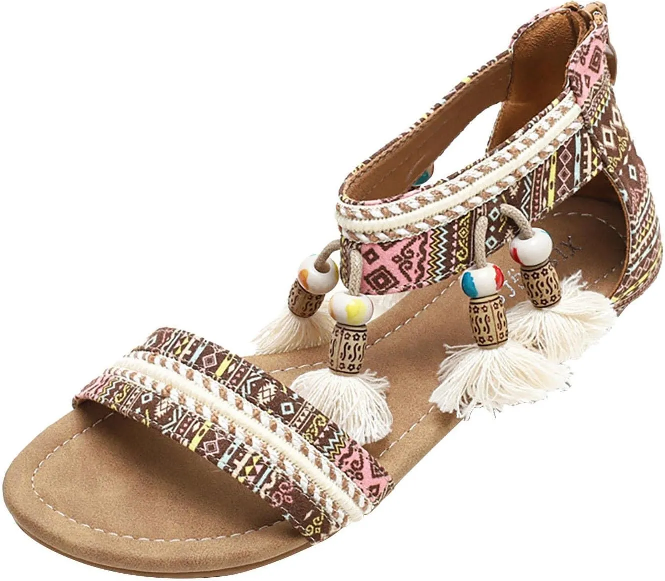 Sandals Women 2023 Summer Fashion Bohemian Beads Fringe Tassel Back Zip Dressy Shoes Ethnic Style Print Vintage Casual Outdoor Ladies Shoes