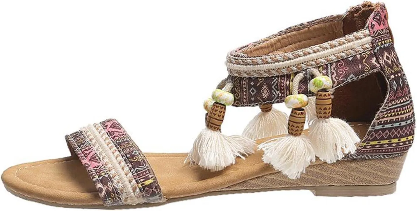 Sandals Women 2023 Summer Fashion Bohemian Beads Fringe Tassel Back Zip Dressy Shoes Ethnic Style Print Vintage Casual Outdoor Ladies Shoes