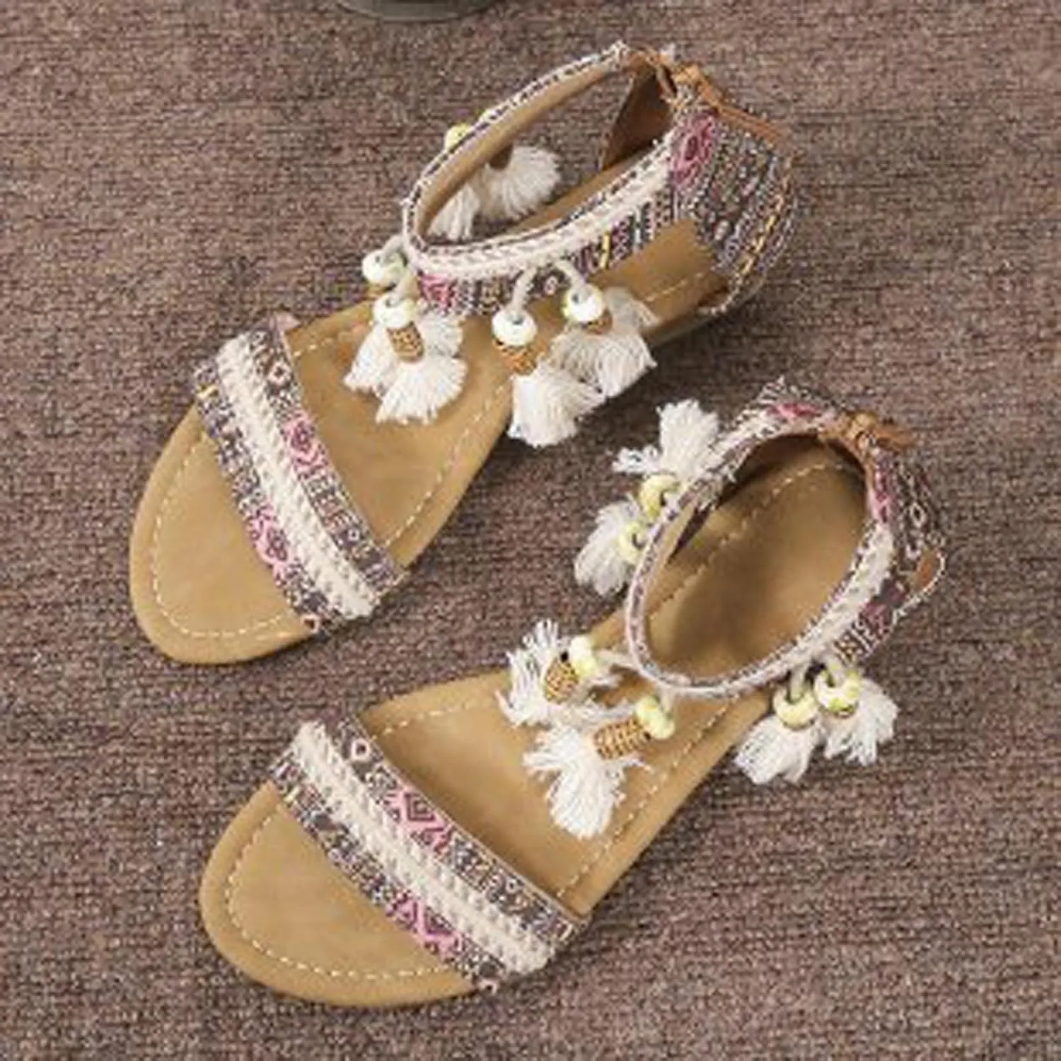 Sandals Women 2023 Summer Fashion Bohemian Beads Fringe Tassel Back Zip Dressy Shoes Ethnic Style Print Vintage Casual Outdoor Ladies Shoes