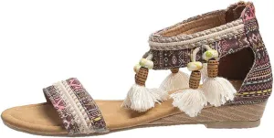 Sandals Women 2023 Summer Fashion Bohemian Beads Fringe Tassel Back Zip Dressy Shoes Ethnic Style Print Vintage Casual Outdoor Ladies Shoes