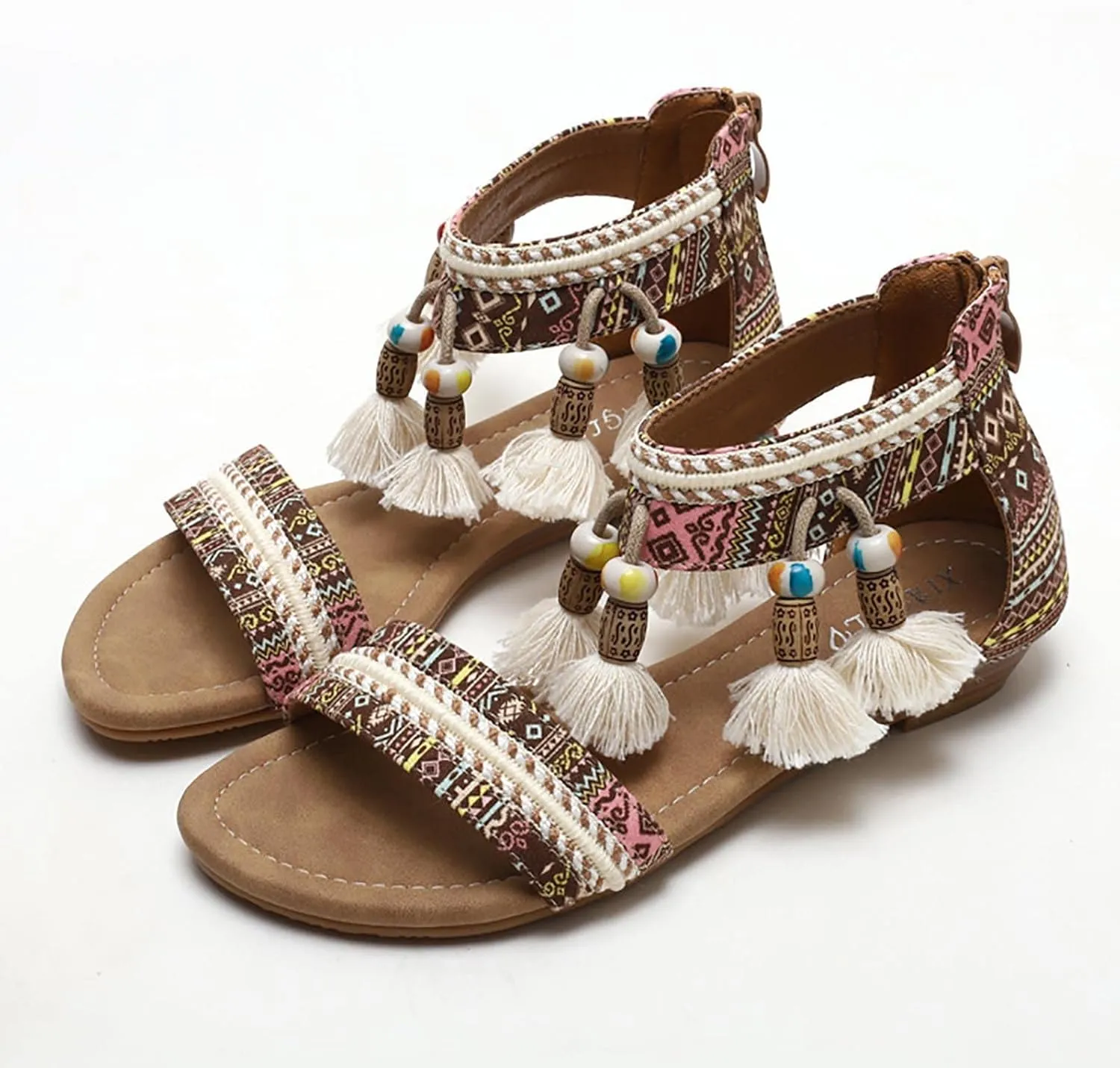 Sandals Women 2023 Summer Fashion Bohemian Beads Fringe Tassel Back Zip Dressy Shoes Ethnic Style Print Vintage Casual Outdoor Ladies Shoes