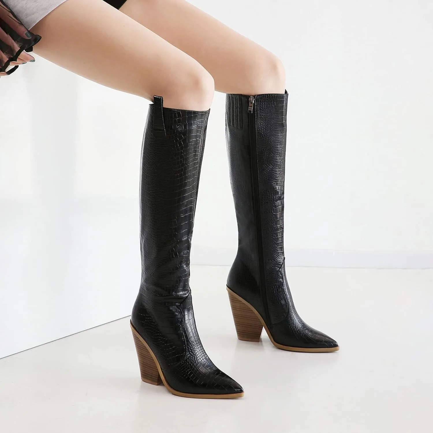 SEIFIN Women's Wedge Cowgirl Cowboy Western Boots Mid Calf Pointed Toe Stacked Chunky Heels Short Ankle Boot Shoes
