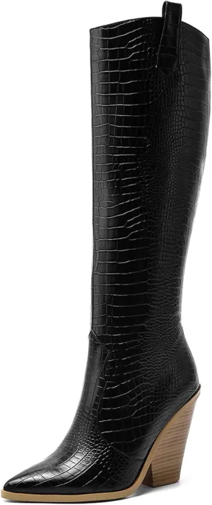SEIFIN Women's Wedge Cowgirl Cowboy Western Boots Mid Calf Pointed Toe Stacked Chunky Heels Short Ankle Boot Shoes