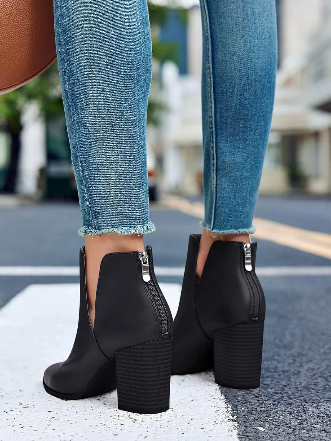SERAIH Womens Pointed Toe Ankle Booties Stacked Mid Block Heel Cutout Back Zipper Shoes Faux Leather Boots