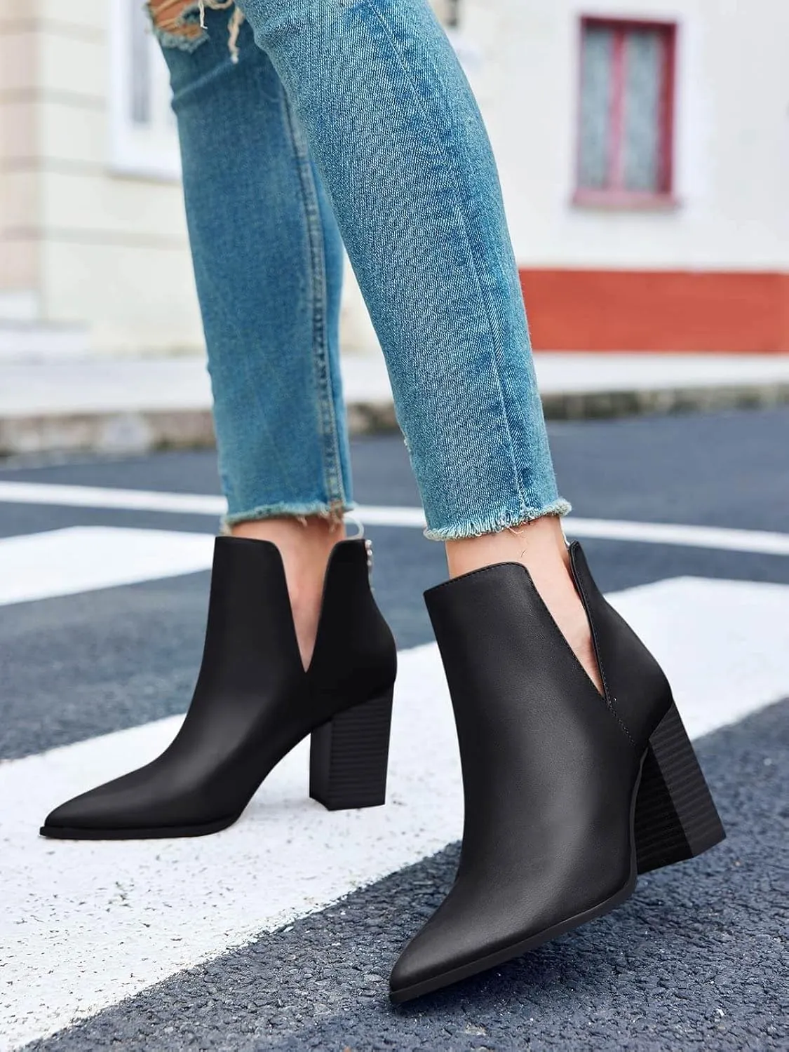 SERAIH Womens Pointed Toe Ankle Booties Stacked Mid Block Heel Cutout Back Zipper Shoes Faux Leather Boots