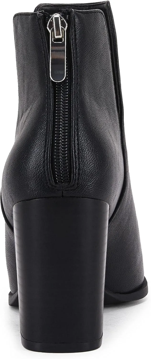 SERAIH Womens Pointed Toe Ankle Booties Stacked Mid Block Heel Cutout Back Zipper Shoes Faux Leather Boots