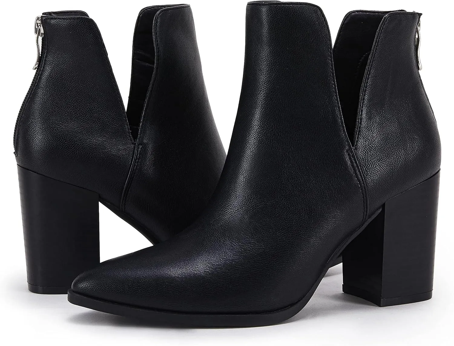 SERAIH Womens Pointed Toe Ankle Booties Stacked Mid Block Heel Cutout Back Zipper Shoes Faux Leather Boots