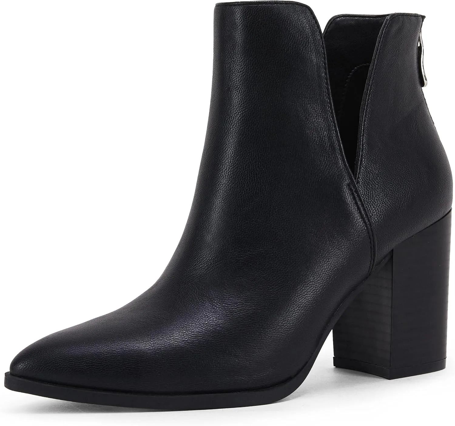 SERAIH Womens Pointed Toe Ankle Booties Stacked Mid Block Heel Cutout Back Zipper Shoes Faux Leather Boots
