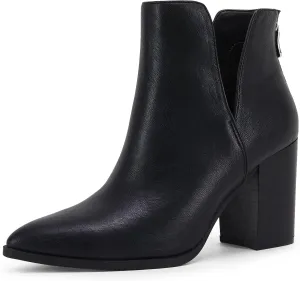 SERAIH Womens Pointed Toe Ankle Booties Stacked Mid Block Heel Cutout Back Zipper Shoes Faux Leather Boots