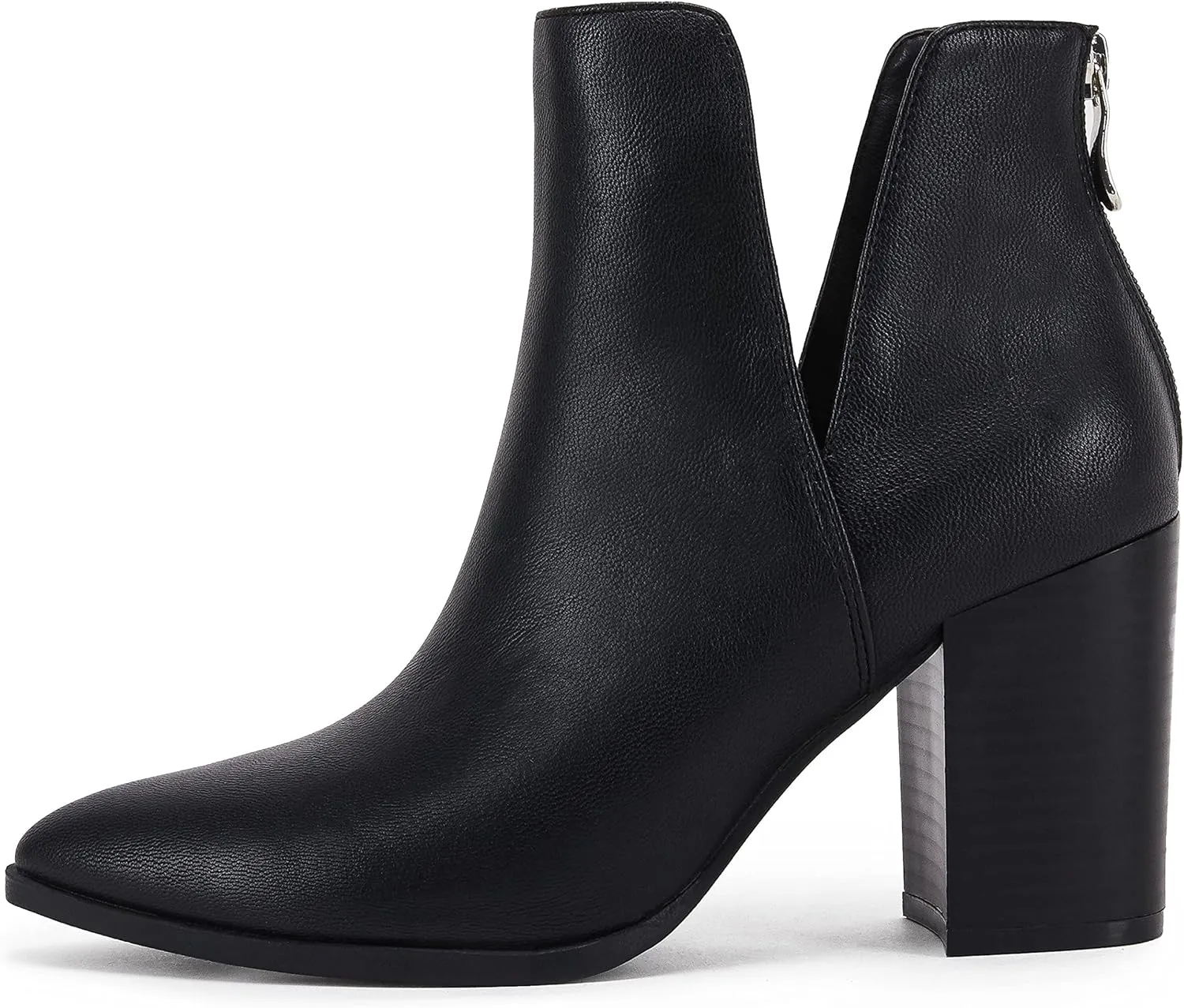 SERAIH Womens Pointed Toe Ankle Booties Stacked Mid Block Heel Cutout Back Zipper Shoes Faux Leather Boots