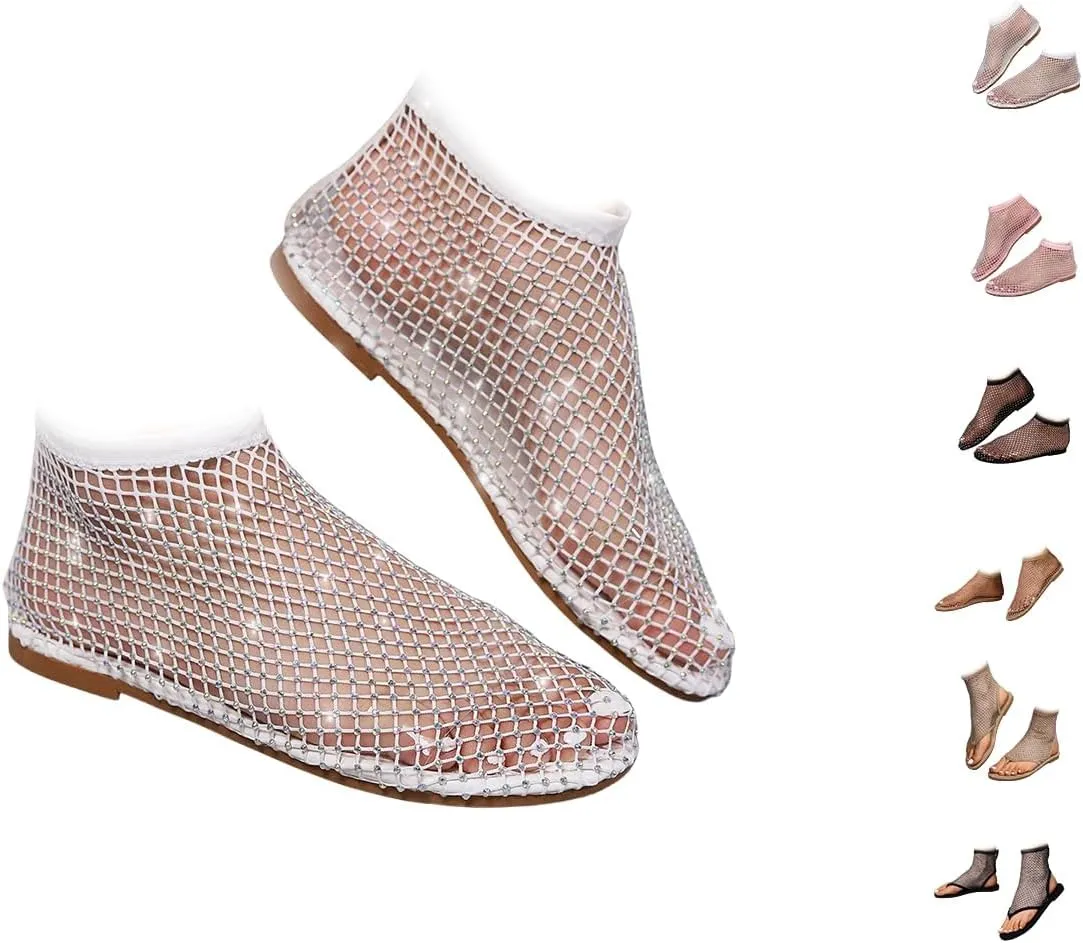 Shiny Gem Mesh Flats Women,Glittery Stretchy Net Shoes Women Ultra Comfortable Shiny Gem Mesh Flats Sparkle Shoe,Sexy Flat Cutout Sparkly Casual Wedding Dress Flats Slip On Sandals