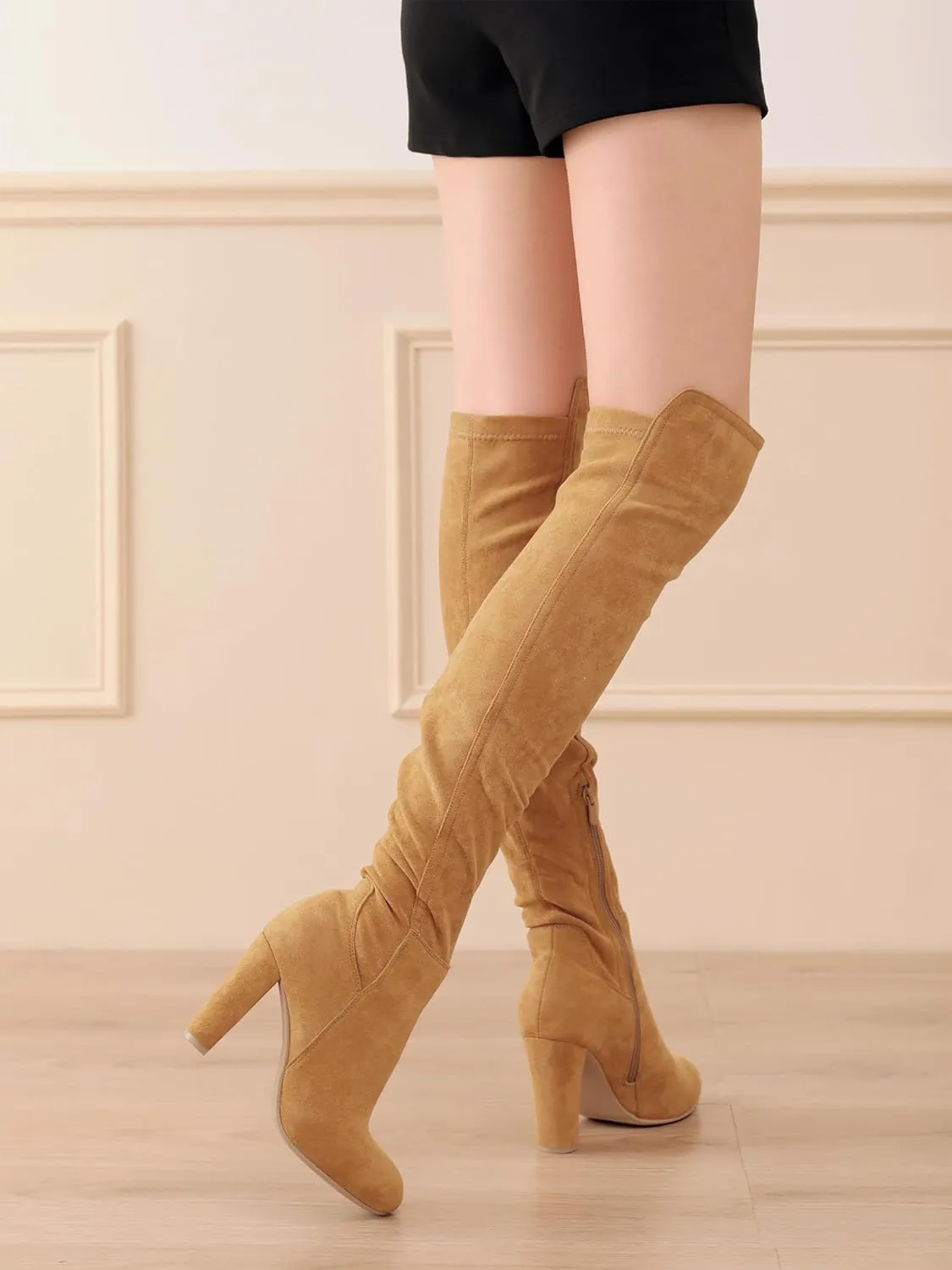 Shoe'N Tale Women Faux Suede Chunky Heel Stretch Over The Knee Thigh High Boots